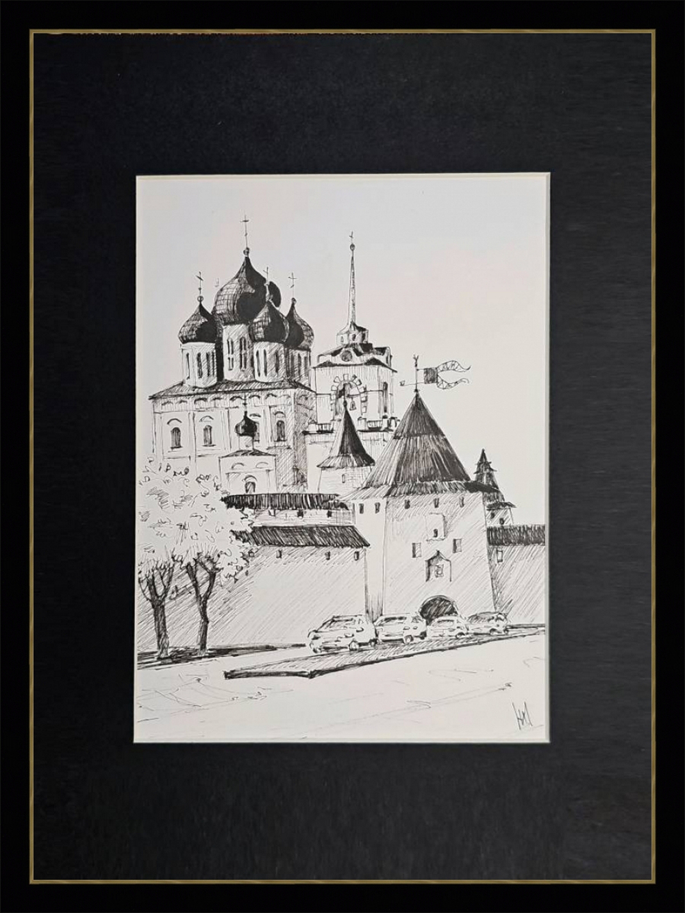 Картина, графика в паспарту 21х30 см на стену для интерьера "Псковский Кром"