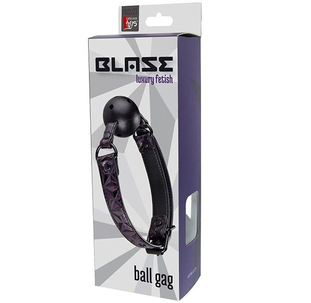 Пластиковый кляп-шар с отверстиями для дыхания и фиксирующими полиуретановыми ремнями (Цвет: фиолетовый с черным)