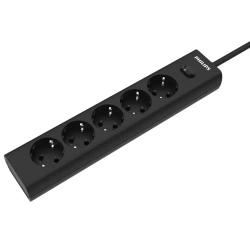 Сетевой фильтр удлинитель Philips CHP2155BB/51 с пятью стандартными розетками EU, с заземлением и защитой от перегрузок, 3 м, черный