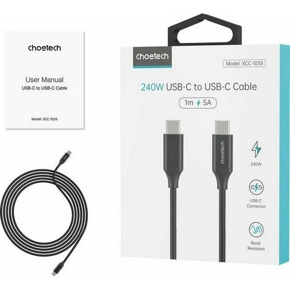 Кабель Choetech USB C to C 240W 5A 1.2 м (XCC-1035) Black / Черный