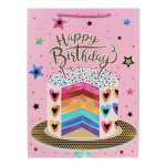 Пакет подарочный "Happy Birthday" 44*31*12см, тисн.золот,ручки-шнурок