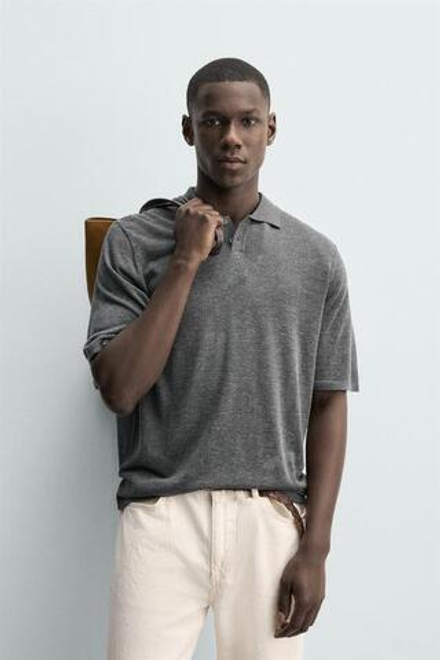 ZARA ТРИКОТАЖНОЕ ПОЛО RELAXED FIT, СЕРЫЙ МЕЛАНЖ