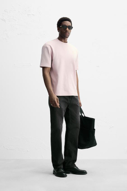 ZARA ФУТБОЛКА REGULAR FIT INTERLOCK, ПЫЛЬНЫЙ РОЗОВЫЙ