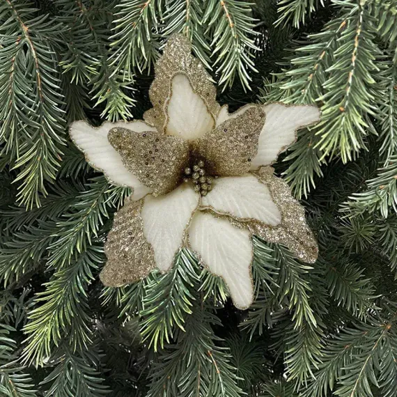 Декоративный цветок Пуансеттия 30 см., кремовый, на клипсе, Christmas DeLuxe (89564)