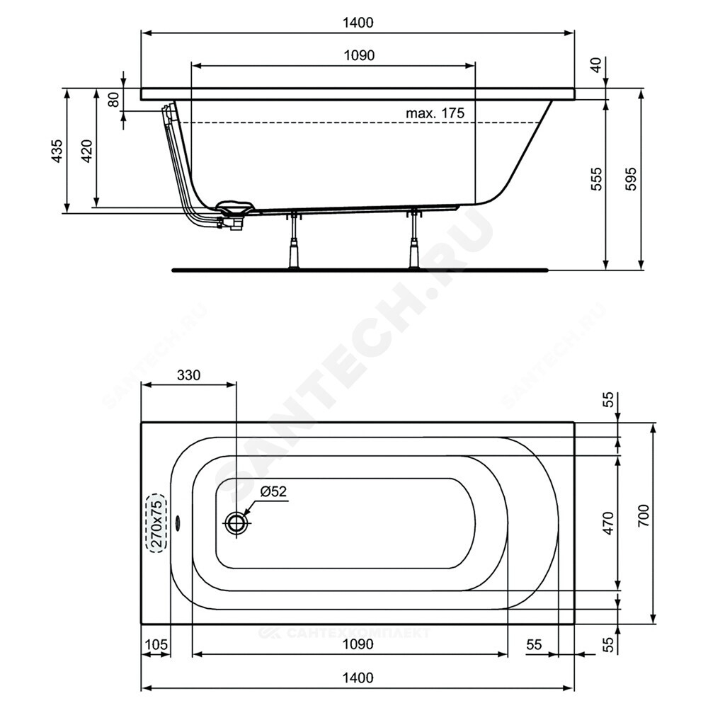 Ванна акриловая SIMPLICITY 150х70см без ножек Ideal Standard W004201