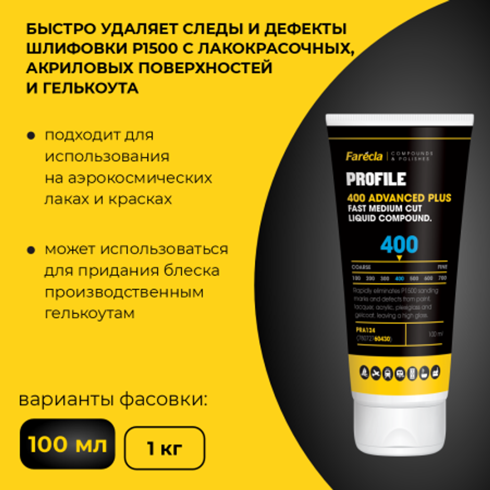 Farecla Profile 400 Advanced Plus среднеабразивная полировальная паста, 100 мл.