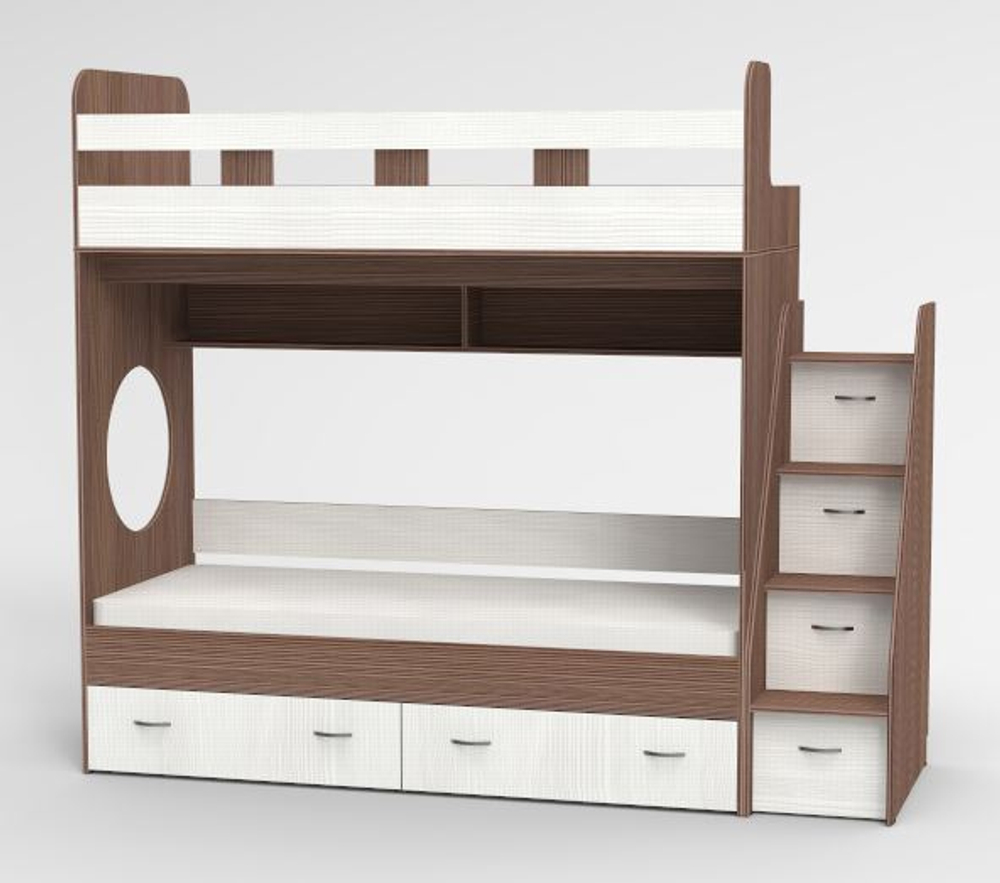 Трехъярусная кровать КарИВи Юниор Бодего Темный Белое Дерево