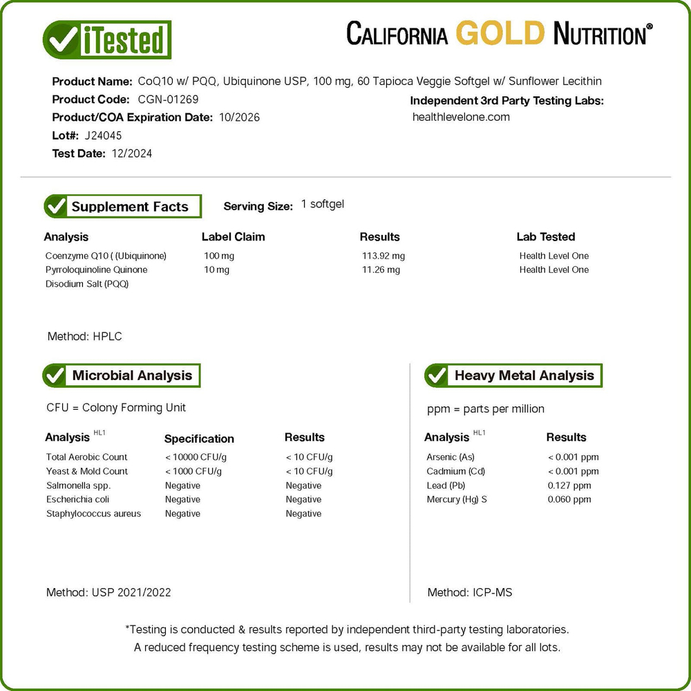 California Gold Nutrition, коэнзим Q10 с PQQ, убихинон класса USP, в растительных капсулах из тапиоки с подсолнечным лецитином, 100 мг, 60 растительных капсул