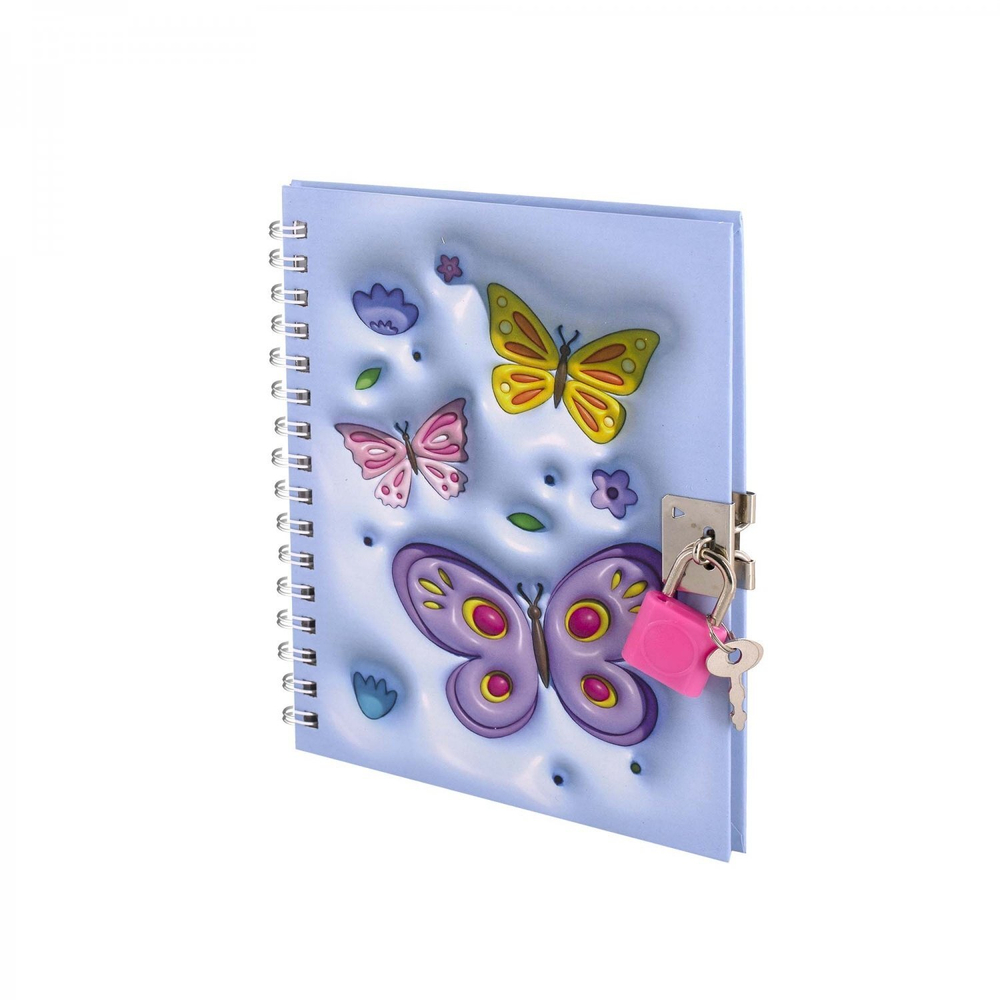 Блокнот в футляре, 17,5 см * 19,5 см, гребень, Alingar, ламин, эффект 3D, ручка, замочек, клетка, 46 л., "Бабочки", сиреневый