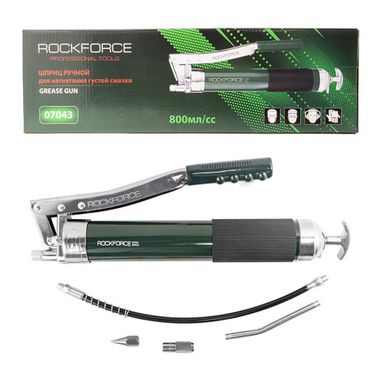 Шприц для нагнетания густой смазки ручной 800мл в комплекте с жестким(L-140мм) и гибким(L-400мм) наконечниками (2 штока,''под закладку'') RockForce##Rock FORCE RF-07043