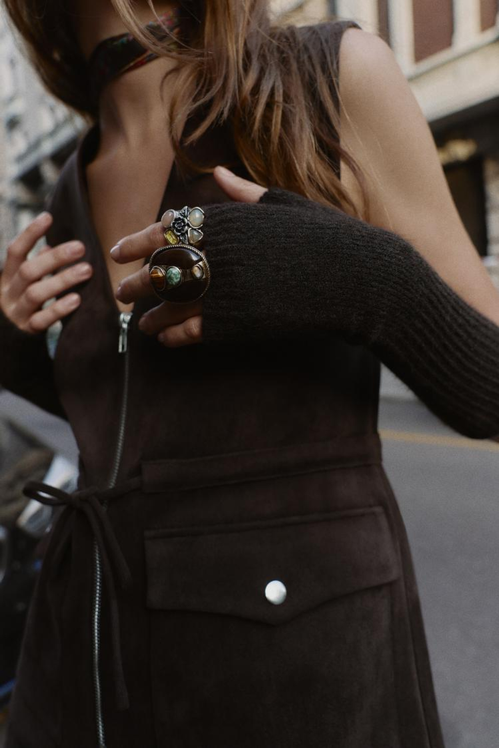 ZARA ДЛИННЫЕ ТРИКОТАЖНЫЕ МИТЕНКИ, КОРИЧНЕВЫЙ