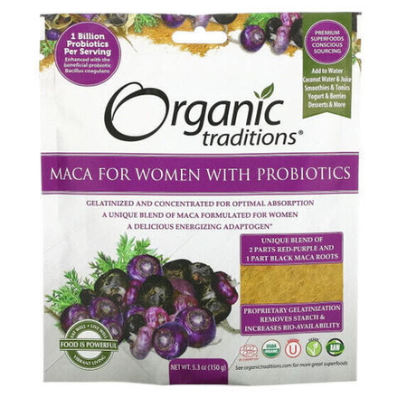Суперфуды Organic Traditions, Мака для женщин с пробиотиками, 150 г (5,3 унции)