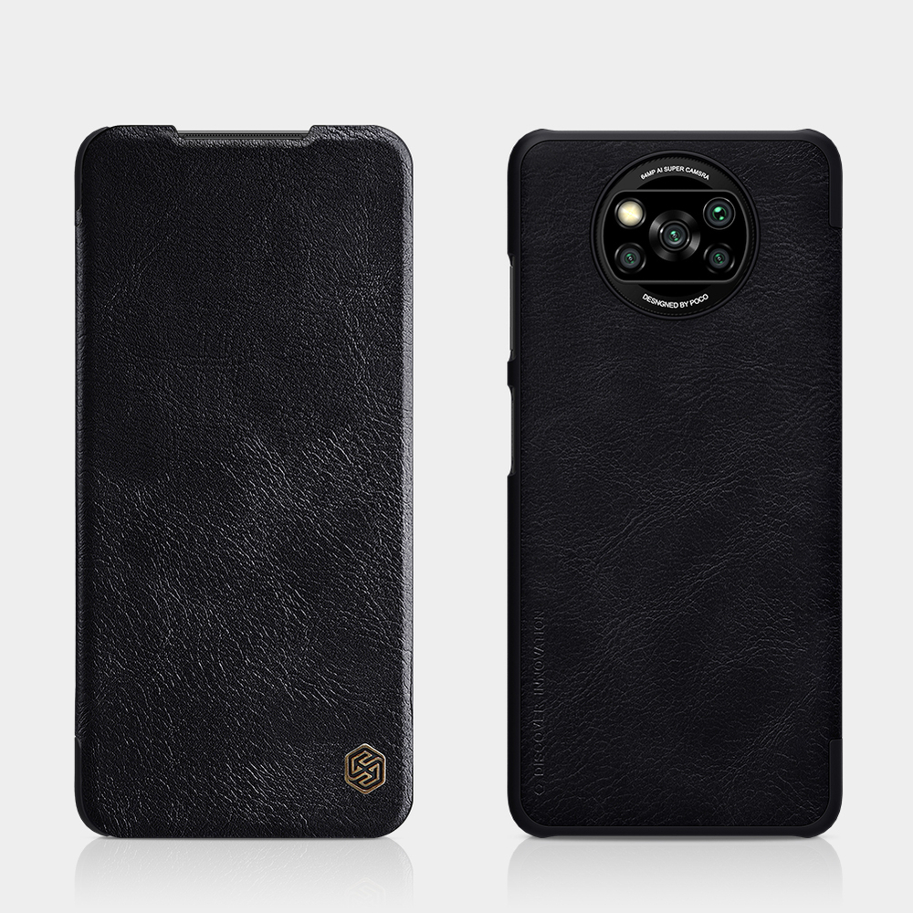 Кожаный чехол книжка от Nillkin для Xiaomi Poco X3 NFC и Poco X3 Pro, серия Qin Leather, черный цвет