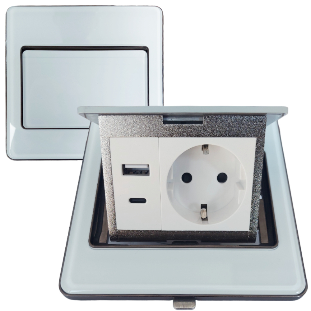 Лючок в пол стеклянный 1-РОЗЕТКА + USB+TYPE-C (цвет белый)
