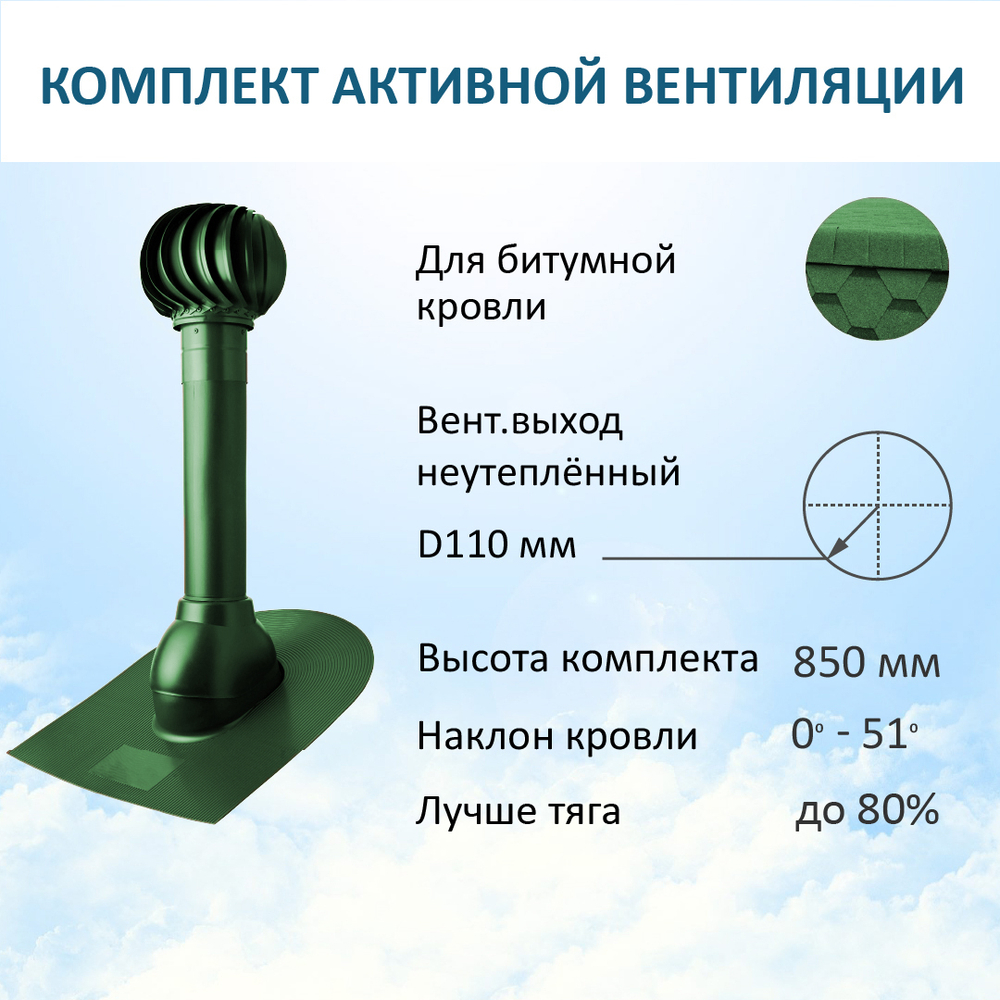 Комплект активной вентиляции: Вентиляционный выход D110 не утепленный высота H=500 мм, проходной элемент для битумной кровли, турбодефлектор Ø 110 мм, зеленый