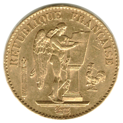 20 франков 1877 год. Франция (Ангел) XF. Золото 900 пробы
