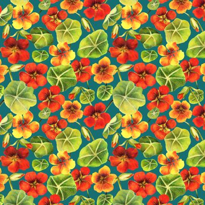 Паттерн настурция, акварельные цветы и листья на бирюзовом фоне