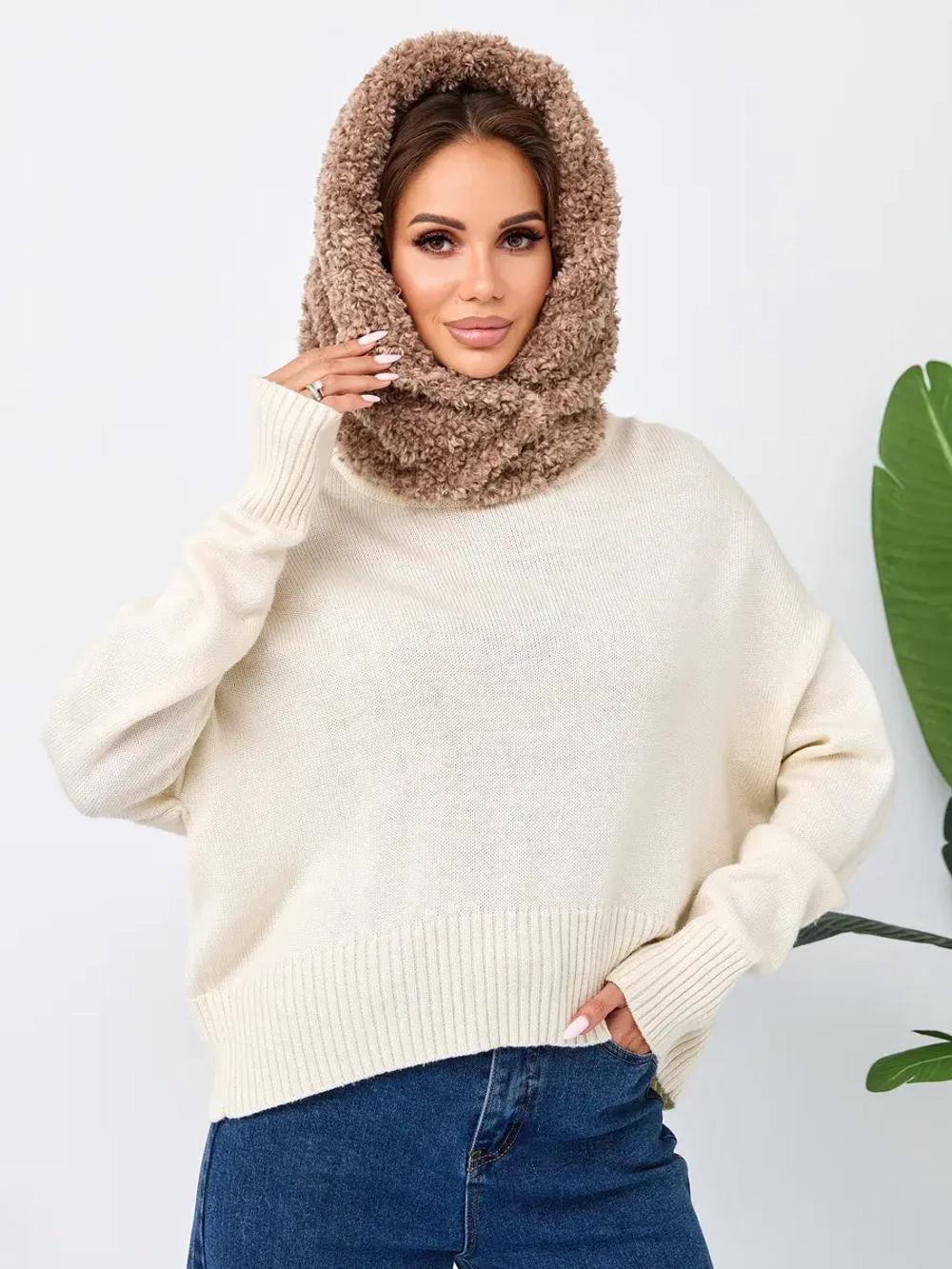 Капор зимний вязаный капюшон на флисе