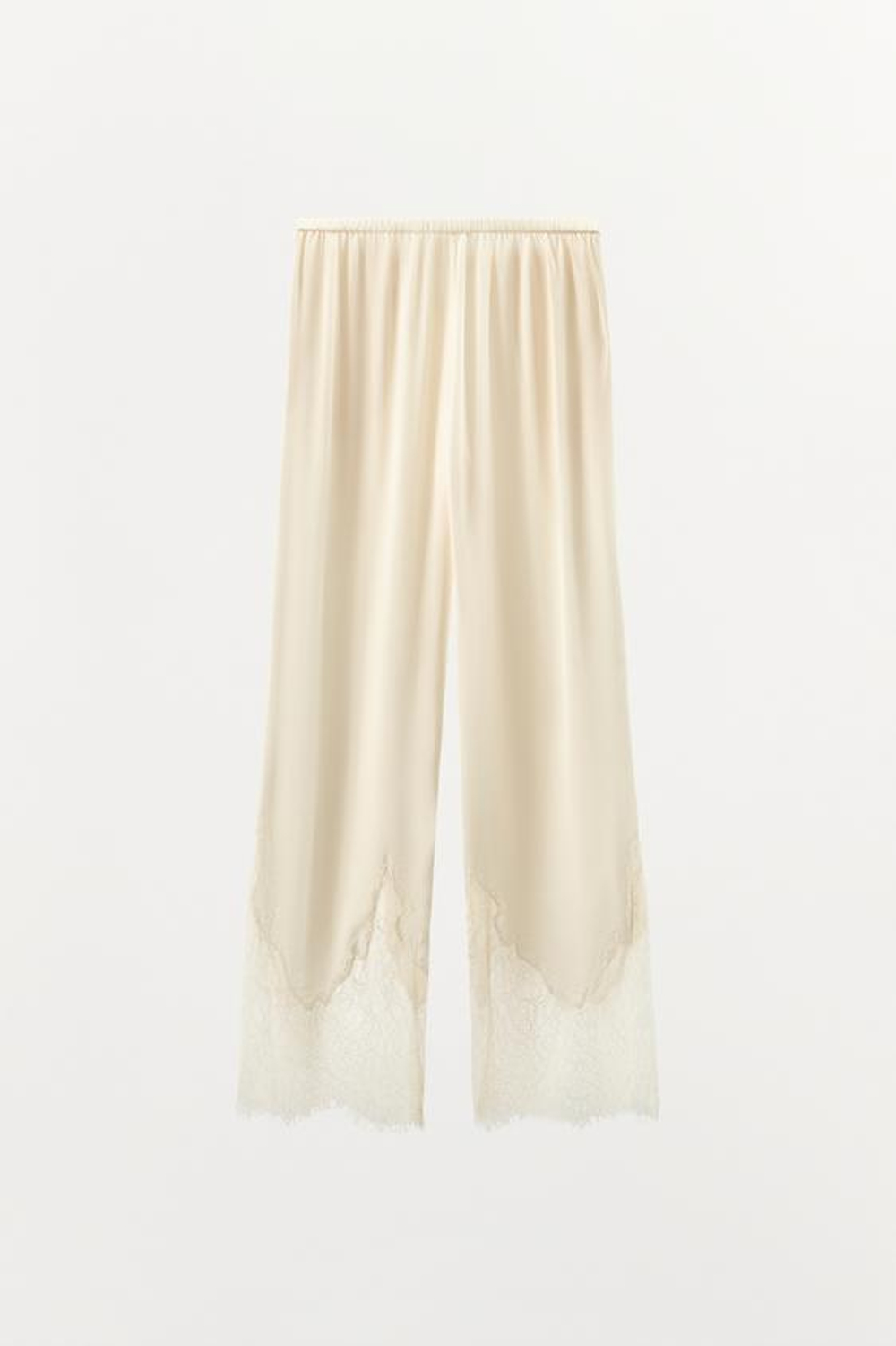 ZARA АТЛАСНЫЕ БРЮКИ С КРУЖЕВОМ, ЭКРЮ