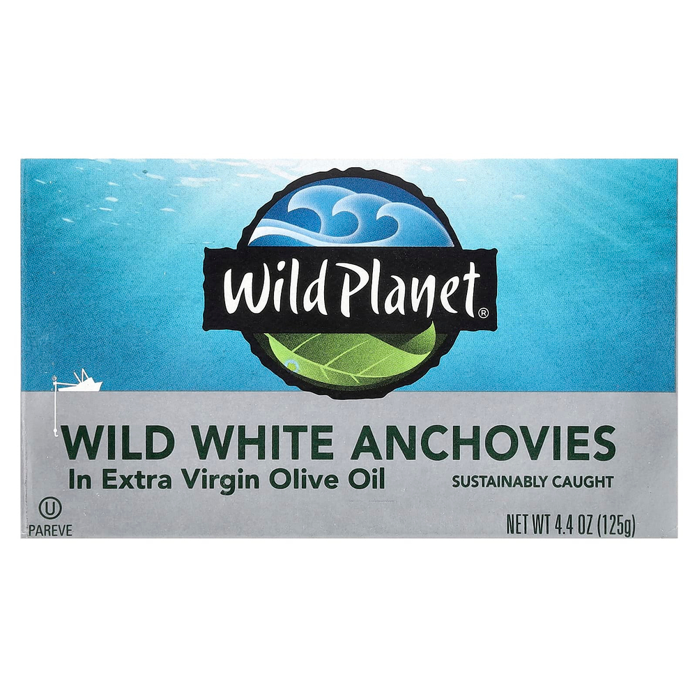 Wild Planet, Выловленные в диких условиях белые анчоусы в оливковом масле первого холодного отжима, 4,4 унц.(125 г)