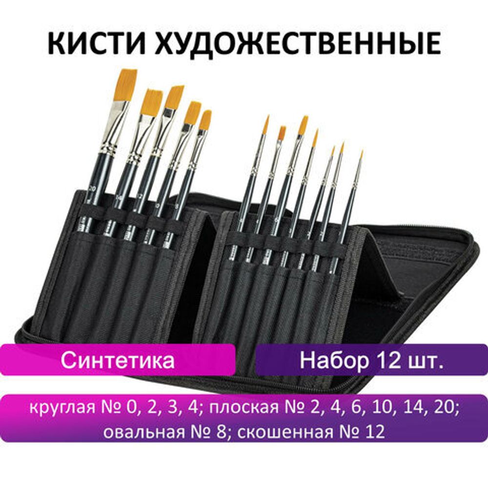 Кисти художественные набор 12 шт. в черном пенале, синтетика, BRAUBERG ART CLASSIC, № 0-20, 200967
