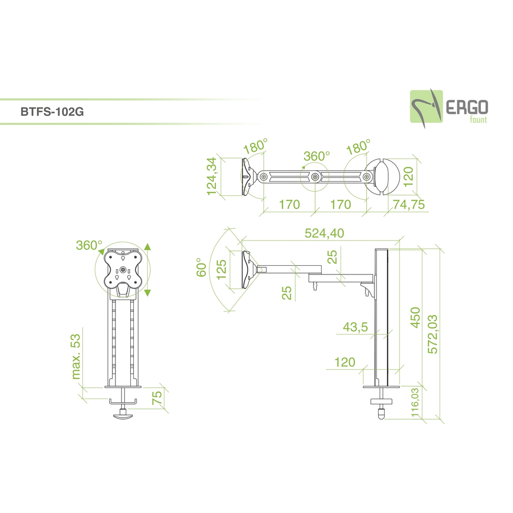 ErgoFount BTFS-102G Настольное крепление для монитора диагональю до 24'' с шарнирным двухколенным вылетом, изменяемой высотой и струбциной к столу типа "G". Цвет - серебристый