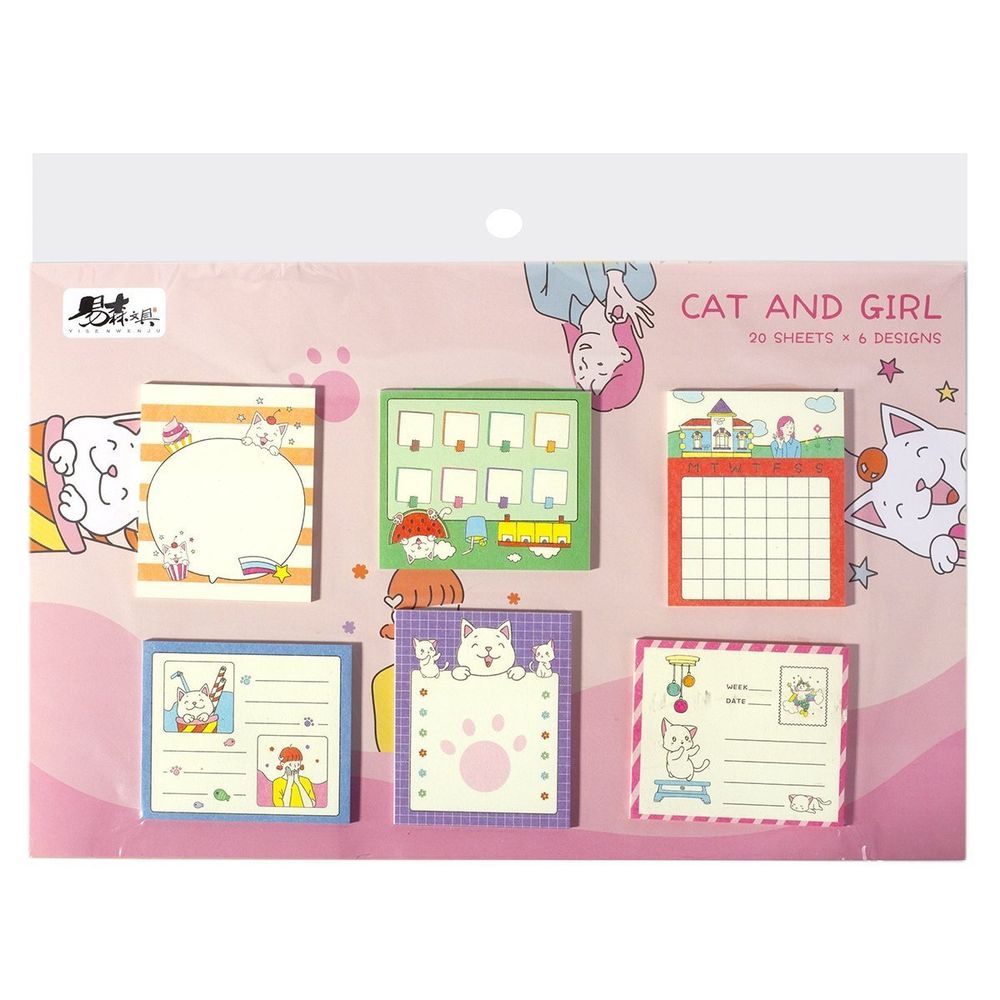 Набор блоков для записей с клеевым краем, Alingar, 6 шт - 50*60 мм, по 20 л., &quot;Котики и девочки&quot;, (розовый фон), европодвес