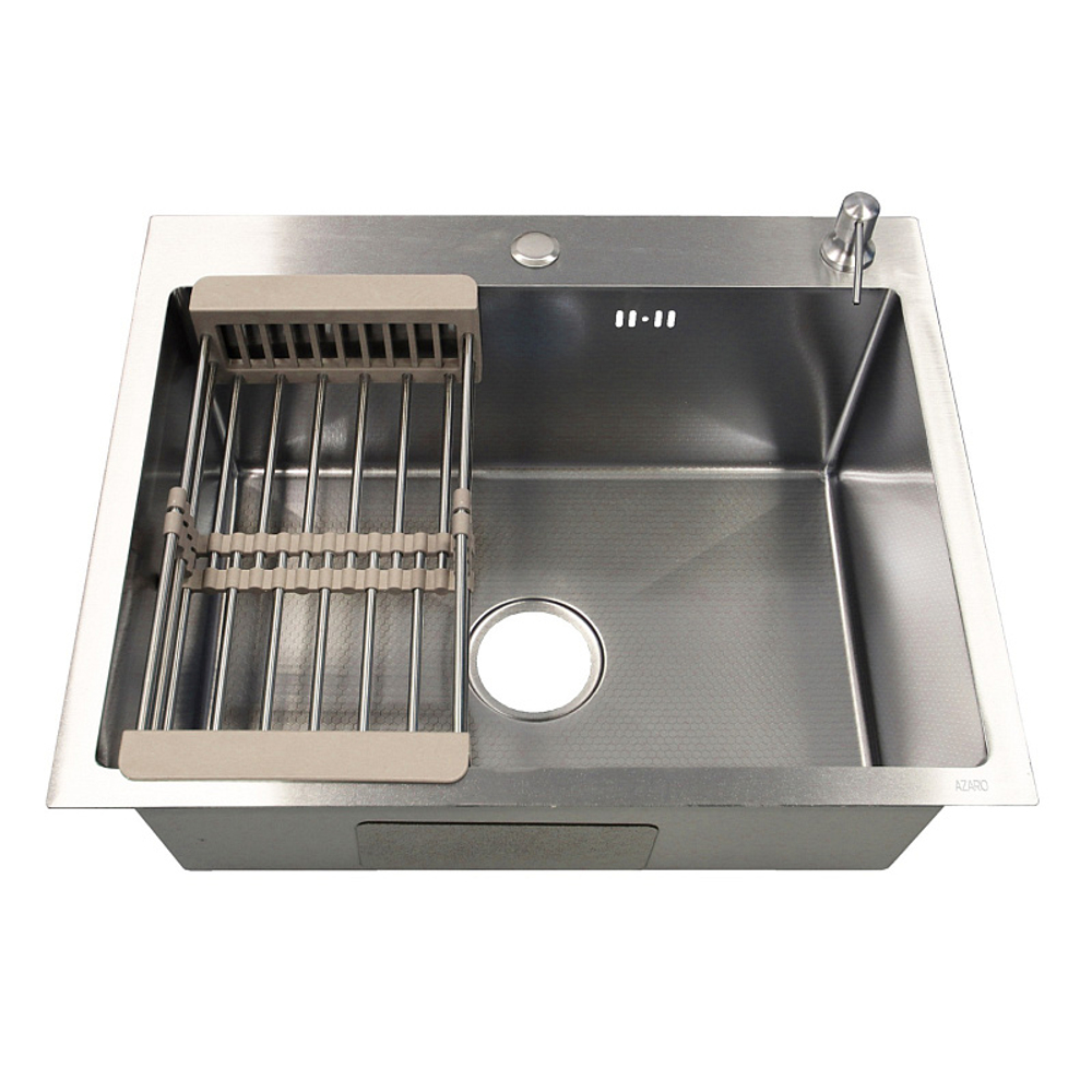 Кухонная мойка AZARIO NICOLE 600х500х220 нержавеющая сталь, в комплекте сифон, диспенсер,коландер, серебро соты (AZS6050H)