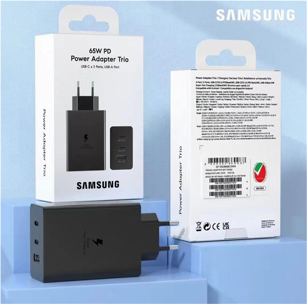 SAMSUNG Original 65W PD Power Adapter Trio+Cabl USB-C X2 Ports, USB-A Port (EP-T6530)
