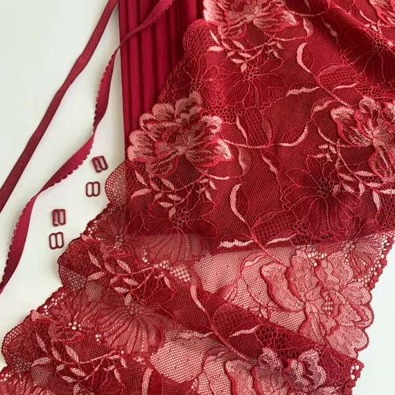 Кружево эластичное бордо/цветы 21 см