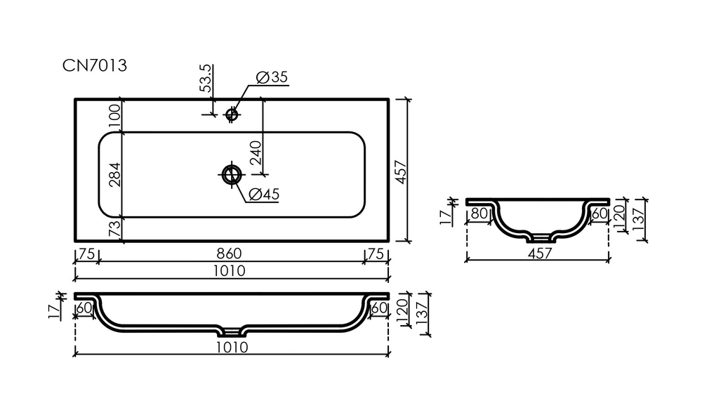 Раковина накладная мебельная Grace прямоугольная, с отверстием под смеситель, 1010x457x137 мм, цвет белый