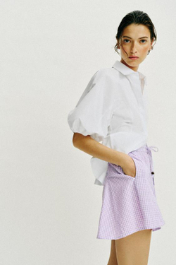 ZARA ЮБКА-ШОРТЫ В КЛЕТКУ ВИШИ С ВОЛАНАМИ, ЦВЕТ МАЛЬВЫ