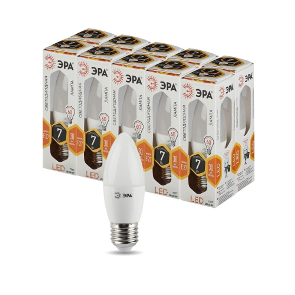 Лампа светодиодная ЭРА STD LED B35-7W-827-E27 7Вт свеча теплый белый свет Е27 | Лампы cветодиодные Свеча (B/C)