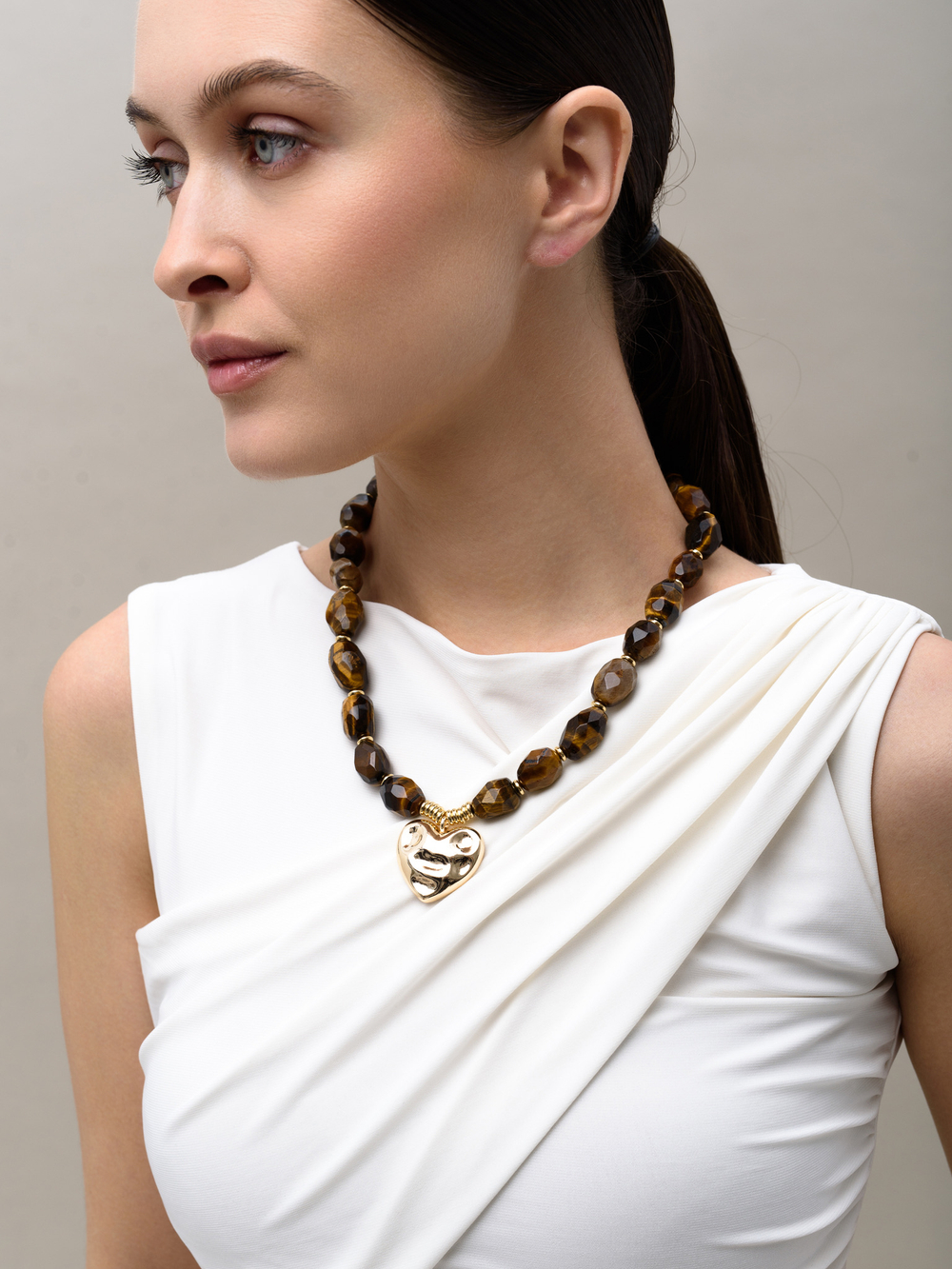 Колье "Crumpled Heart" Тигровый глаз Gold