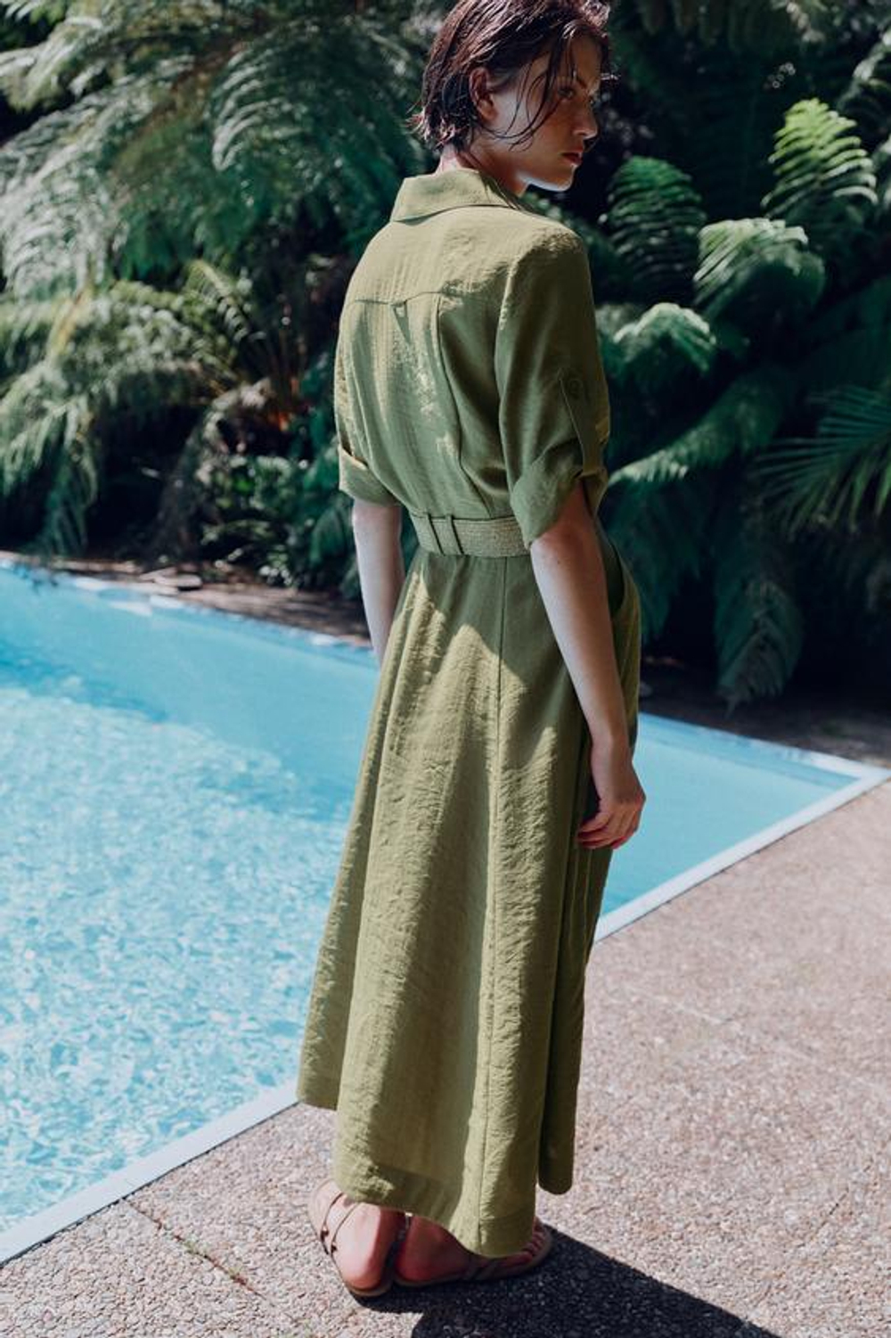 ZARA ПЛАТЬЕ-РУБАШКА МИДИ С РЕМНЕМ, ХАКИ