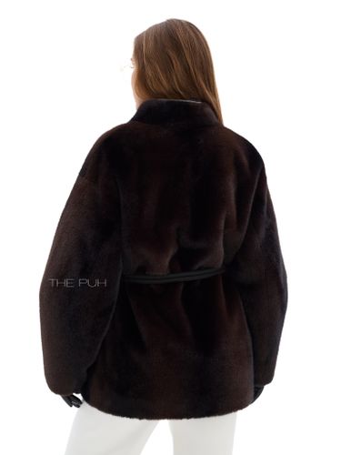 Темно-шоколадная шуба из эко-меха с поясом