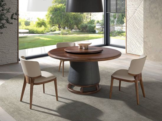 Круглый обеденный стол 1168 из темного ореха и обивкой из экокожи