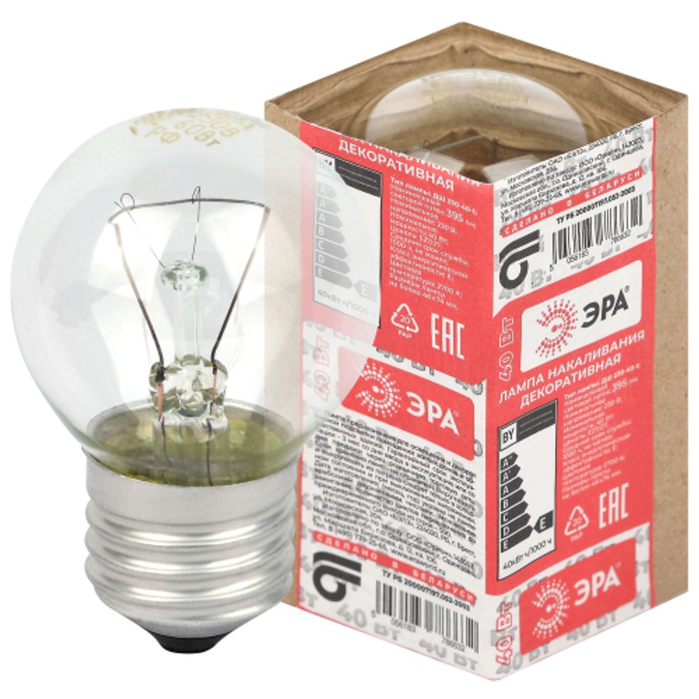 Лампочка ЭРА P45 40Вт Е27 / E27 230В шар прозрачный в гофре