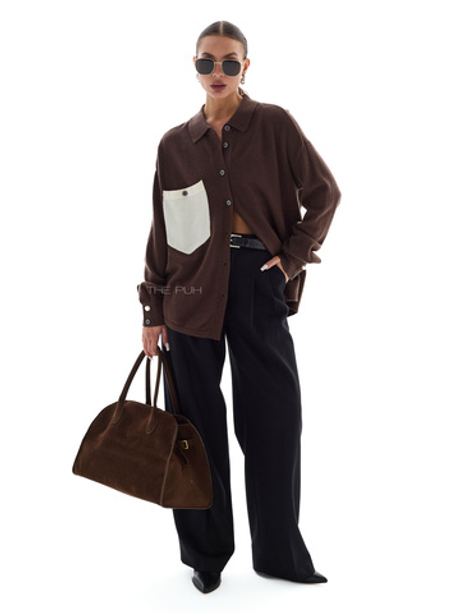 Шоколадная кашемировая рубашка с контрастным карманом