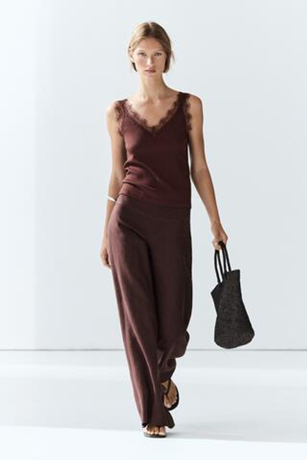 Massimo Dutti Топ на бретелях с кружевной отделкой, коричневый
