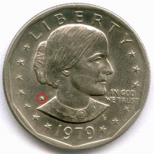 1 доллар 1979 год (S). США. Сьюзен Энтони. Медь с медно-никелевым покрытием, диаметр 26.5 мм. XF-AU