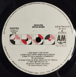 Винтажная виниловая пластинка LP Bryan Adams Reckless (Югославия 1984)