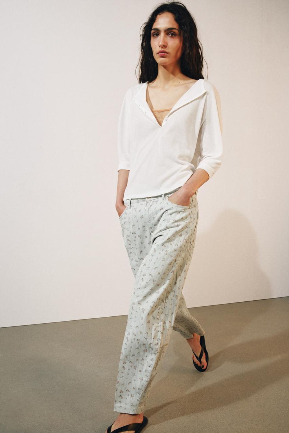 ZARA ДЖИНСЫ TAPERED С ВЫСОКОЙ ПОСАДКОЙ И ЦВЕТОЧНЫМ ПРИНТОМ — ZW COLLECTION, ГОЛУБОЙ