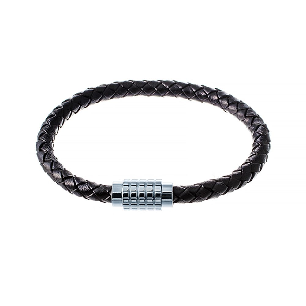 Стильный модный плетёный чёрный кожаный браслет со стальной магнитной застёжкой JV 392-0001 в подарочной упаковке