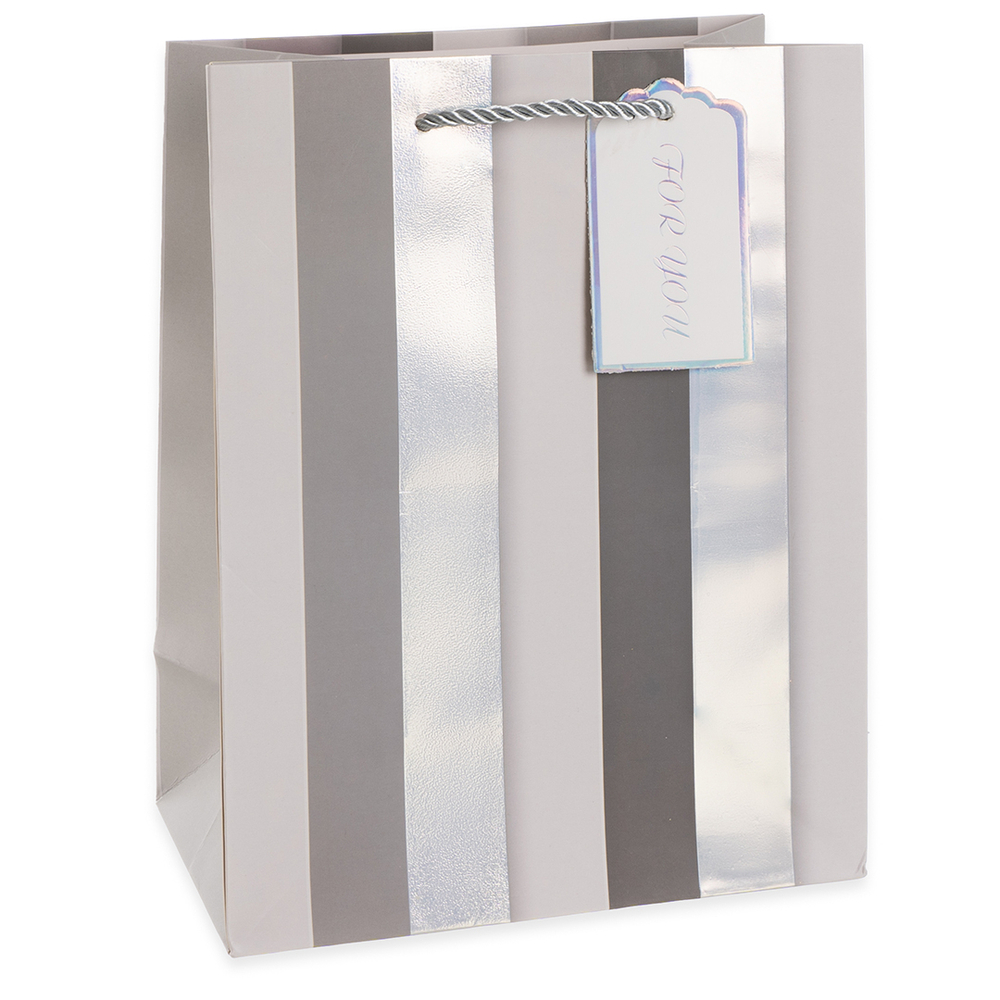Пакет подарочный, 210гр, Вертикальные полосы, Дизайн №4, Белый/Серебро, Металлик