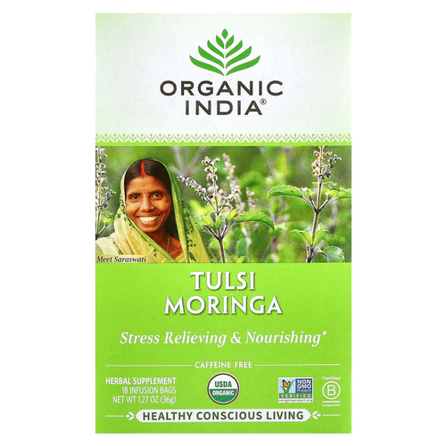 Organic India, чай тулси и моринги, без кофеина, 18 пакетиков для заваривания, 36 г (1,27 унции)