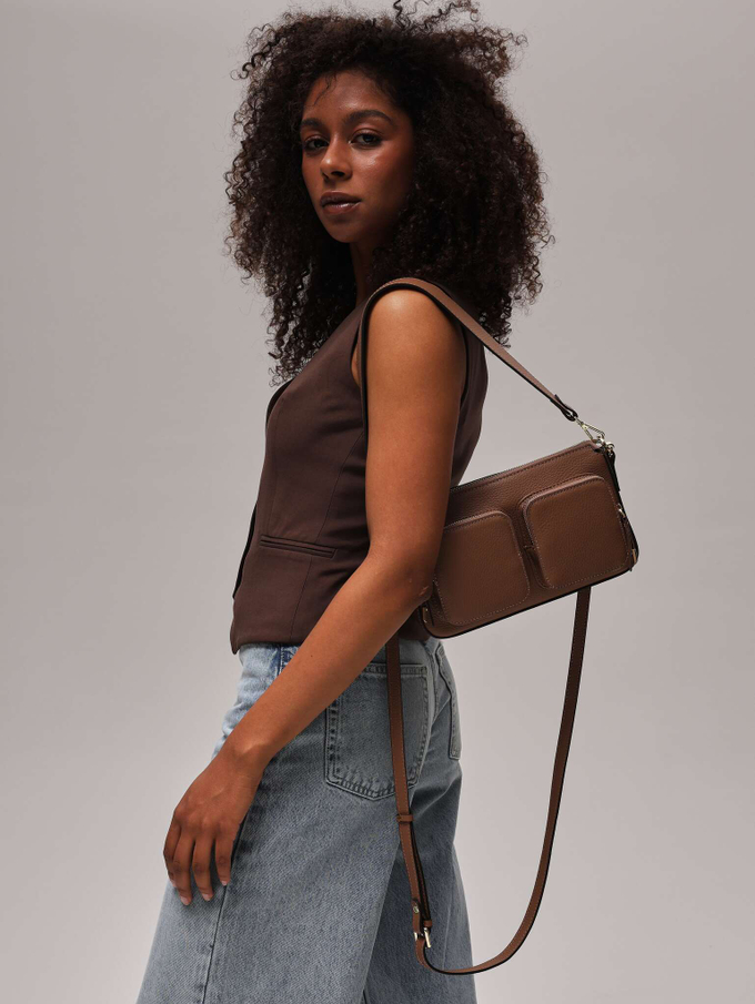 Сумка женская багет на плечо светло-коричневая