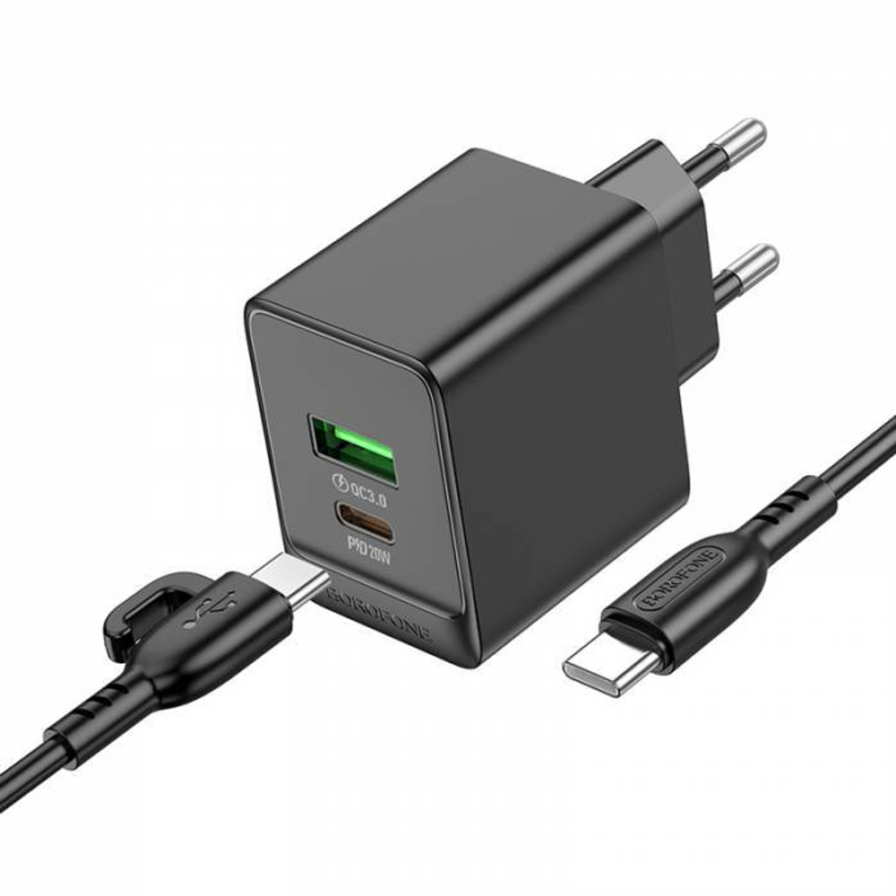Сетевой адаптер питания BOROFONE BAS14A PD 20W QC 3.0 + кабель Type-C-Type-C (черный)