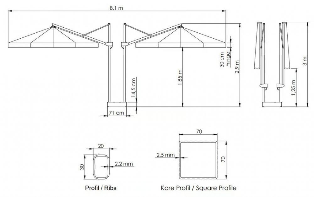 Зонт профессиональный двухкупольный Ø3.5х8.1 м Theumbrela Semsiye Evi Banana Plus Double,