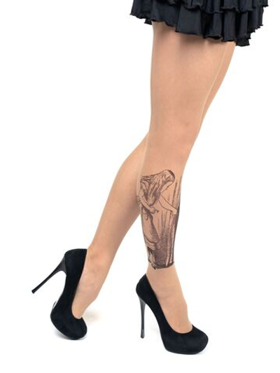 Колготки с принтом в виде Алисы на правой ножке (Размер: S-M-L) (Цвет: бежевый)